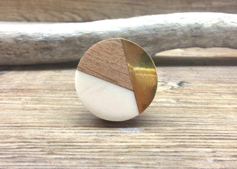 Tricolor Ivory, Distressed Brass, and Natural Wood Knob Round Wood and Cream Resin Wooden Knob Modern Abstract Drawer Pull image 1