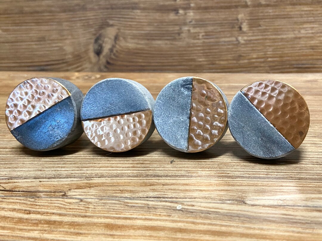 SET OF 4 Grey Stone and Hammered Copper Knobs Drawer Pull