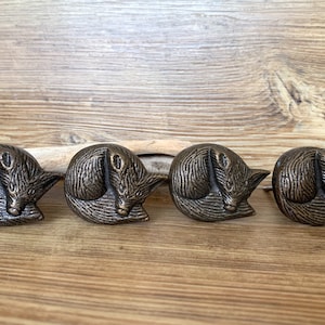 Peut inclure: Quatre boutons de meuble en forme de renard, de couleur bronze. Chaque bouton représente un renard enroulé avec une texture de fourrure détaillée. Les boutons sont disposés sur une surface en bois.