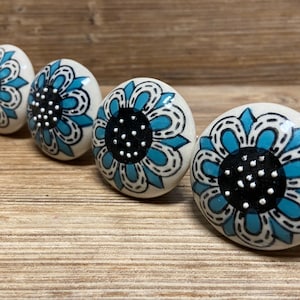 SET of 4 - Large Turquoise and Natural White Ceramic Knob - Flat Face Drawer Pull