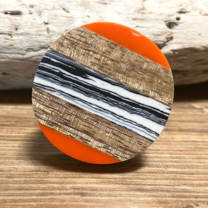 Black and White Orange and Wood - Orange Resin and Natural Wood Knob - Multicolor Round Wooden Knob - Modern Abstract Drawer Pull