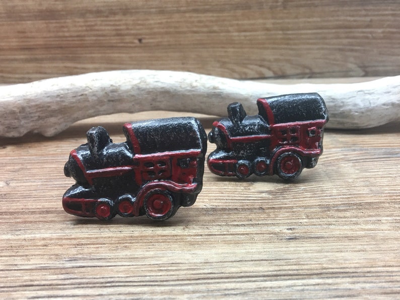 Baby Boy Train Nursery SET OF 2 Train Knobs Steam Engine Red and Black Cast Metal Locomotive Drawer Pull