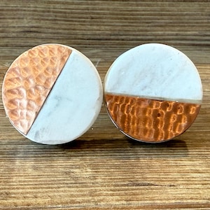 SET OF 2 - Stone and Hammered Copper Knobs - Drawer Pull - Cabinet Handle