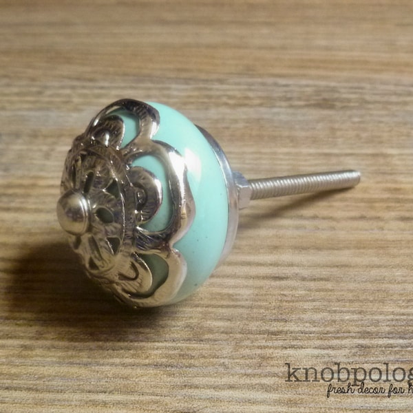 1.5" Mint Green Ceramic Knob with Silver Filigree Overlay - Seamist Seafoam Blue Drawer Pull - Home Decor - Beach Theme Country