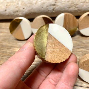 Tricolor Ivory, Distressed Brass, and Natural Wood Knob Round Wood and Cream Resin Wooden Knob Modern Abstract Drawer Pull image 3