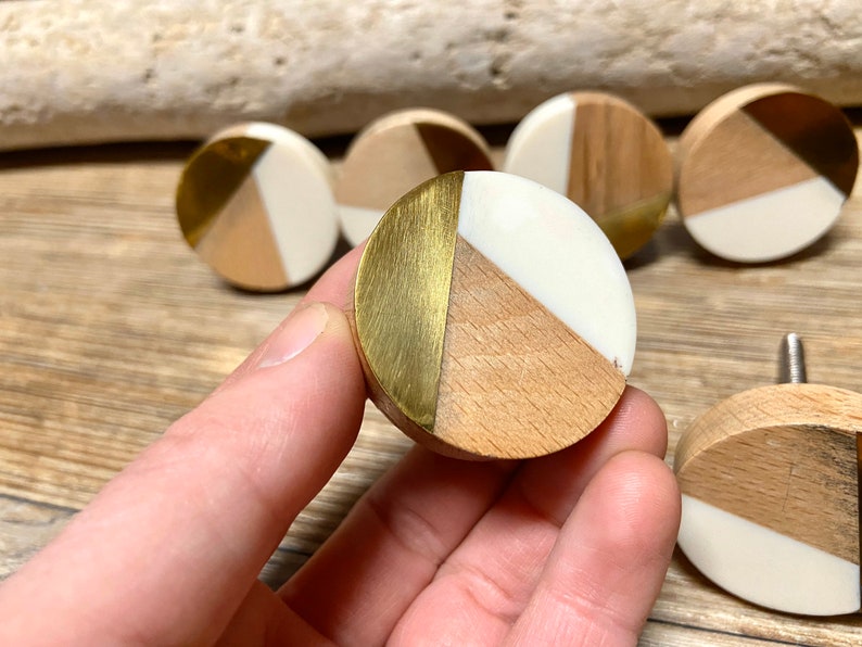 Tricolor Ivory, Distressed Brass, and Natural Wood Knob Round Wood and Cream Resin Wooden Knob Modern Abstract Drawer Pull image 3