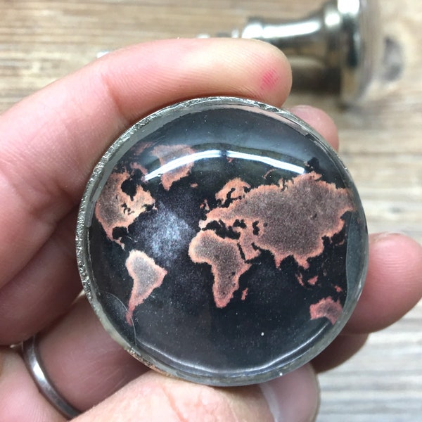 World Globe Map Knob - Black and Coppery Brown Atlas Glass Knob - Nautical Adventurer Nursery Decor - Sailor Ocean Traveler's Knob