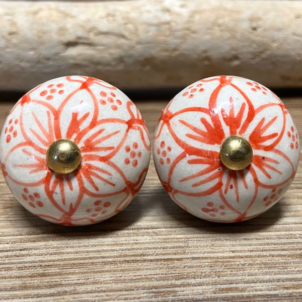 Set of 2 Coral and White Floral Ceramic Knob - Flower Drawer Pull - Decorative Knob - Cabinet Kitchen Decor - Persimmon - Guava