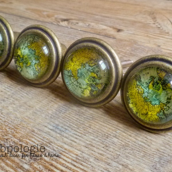 SET OF 4 - Old World Globe Map Knobs - Aqua Blue and Yellow Atlas Glass - Nautical Adventurer Nursery Decor - Sailor Ocean Traveler's Knob