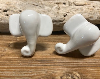 Set of 2 - Large Ivory/Natural White Ceramic Elephant Bust Knobs - Baby Elephant Drawer Pull - Safari Nursery Decor - Decorative Knob