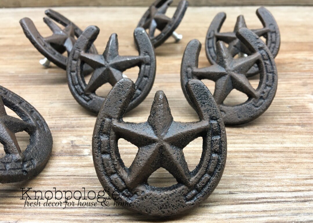 Set Of 6 Antique Style Cast Iron Horseshoe Star Drawer Pulls - Western Barn Door Handles