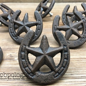 SET OF 8 - Horseshoe Star Knobs - Cast Iron Star Knob Western Horseshoe - Texas Star Knob - Cowboy Cowgirl Drawer Pull - Ranch Nursery Decor