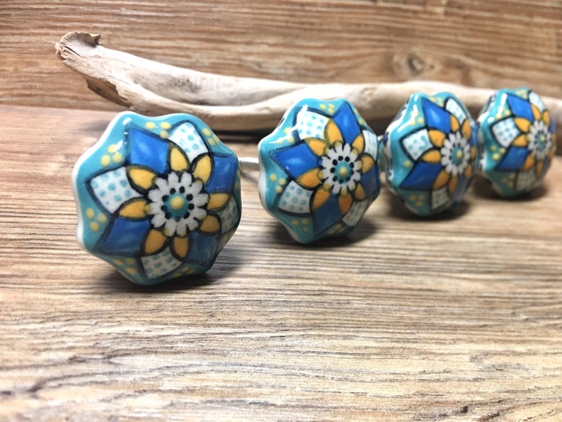 Set of 8 Aqua and Yellow Anthro Floral Pattern Ceramic Knobs Drawer Pull Cabinet Kitchen Decor Decorative Knob