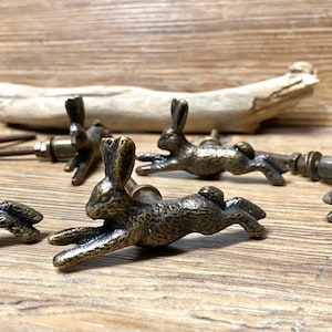 May include: Set of five antique gold rabbit drawer pulls. Each pull features a detailed rabbit design with a metal screw.