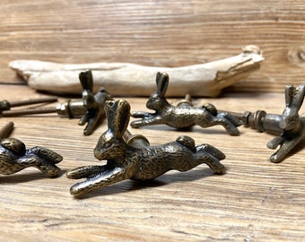 SET OF 2 Running Rabbit Bunny Metal Knobs - Nature Forest Fairytale Theme - Decorative Bunny Drawer Pull - Nursery