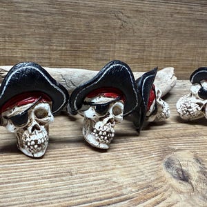 Könnte beinhalten: Vier Piraten-Schädel-Figuren mit schwarzen und roten Piratenhüten. Die Schädel sind weiß mit schwarzen Augenklappen und roten Bandanas.