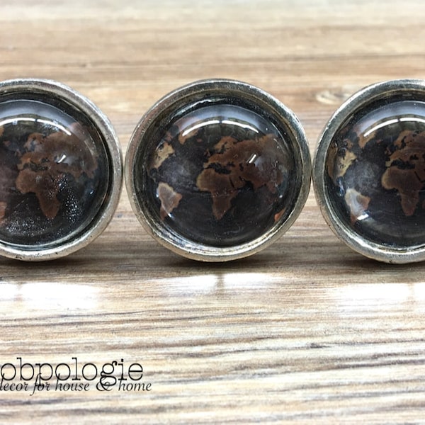 SET OF 4 World Globe Map Knobs - Black and Coppery Brown Atlas Glass Knob - Nautical Adventurer Nursery Decor - Sailor Ocean Traveler