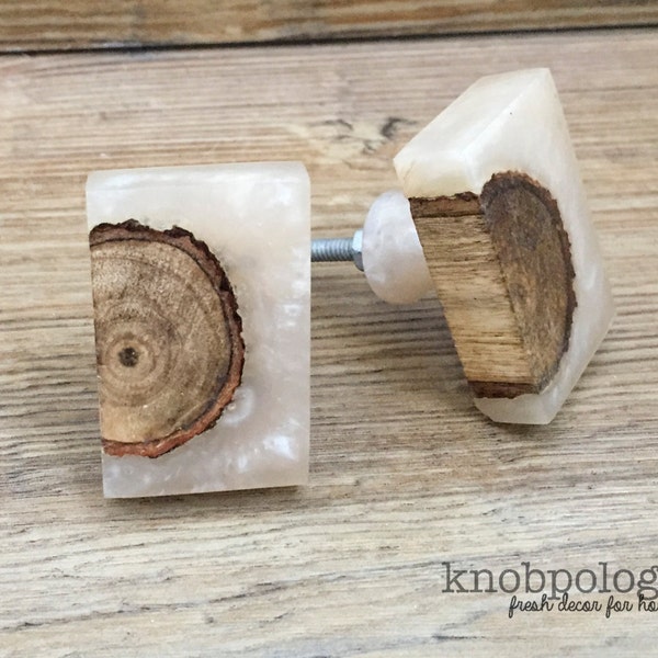 SET OF 2 - Frosted Timber Wood and Ivory Faux Quartz Rectangular Knob - Knot of Wood Embedded in Cream Wooden Knob - Modern Drawer Pull