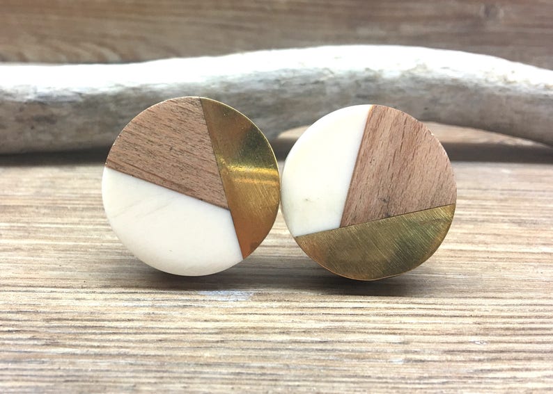 Tricolor Ivory, Distressed Brass, and Natural Wood Knob Round Wood and Cream Resin Wooden Knob Modern Abstract Drawer Pull image 5