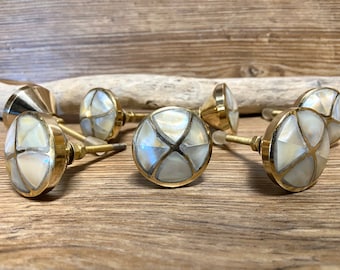 SET of 8 - Light Gold and Abalone Knob Drawer Pull