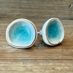 Set of 2 - Melted Glass with Gold Edge Crater Crackled Light Turquoise Ceramic Knob - Caribbean Blue Cabinet Decor