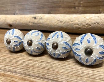 SET of 4 - Blue and Cream Ceramic Knob - Drawer Pulls - Cabinet Knobs