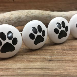 SET OF 4 - White and Black Ceramic Paw Print Knobs - Dog Paw Drawer Pull - Puppy Nursery Decor - Decorative Pet Cabinet Decor