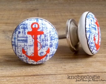SET OF 2 Red White and Blue Anchor Ceramic Knob - Sailor Nautical Nursery Decor - Ocean Boating Boy Decorative Pirates Knob