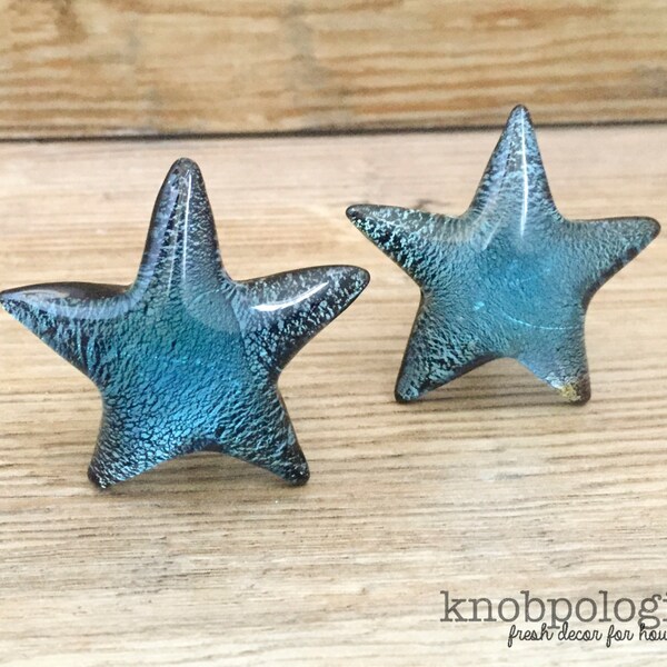 SET OF 2 - Blue Glass Starfish Knob - Iridescent Glass Starfish Sea Star Drawer Pull - Beach Theme - Nautical Nursery decor