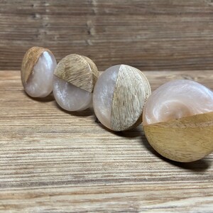 May include: Four circular cabinet knobs arranged in a row, each featuring a split design composed of natural light-toned wood on one half and a smooth, pearlescent, semi-translucent off-white resin material on the other half.