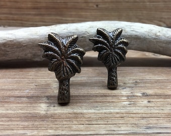Set van 2 - palmknoppen - kleine gietijzeren metalen knop - decoratieve ladeknop - boombladeren - keukendecor kast - natuurlijk brons