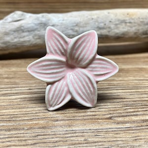 May include: A pink and white ceramic flower-shaped knob with a detailed design.