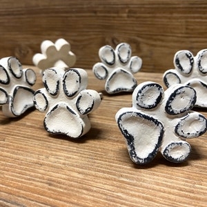 Set of 12 White and Black Distressed Metal Paw Print Knobs - Dog Paw Drawer Pull - Puppy Nursery Decor - Decorative Pet Cabinet Decor