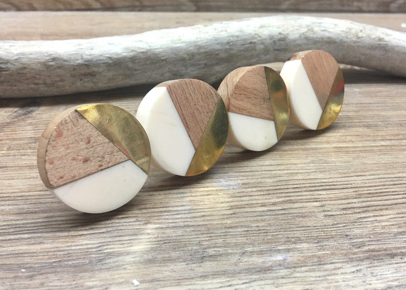 Tricolor Ivory, Distressed Brass, and Natural Wood Knob Round Wood and Cream Resin Wooden Knob Modern Abstract Drawer Pull image 6