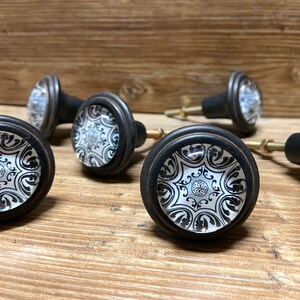 Set of 8 - 1.5" Distressed Black and White Glass Face Knob - Metal Drawer Knob - Rustic Modern Handle - Furniture Knob
