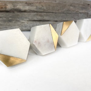 CLEARANCE Set of 4- Imperfect White Hexagon Marble Stone and Gold Rimmed Knobs - Gold and White Cabinet Knob - Glimmer Shine Art Deco