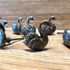 May include: Six antique-style swan drawer pulls in a dark bronze finish. The swan handles have a detailed design and are perfect for adding a touch of elegance to any home decor.