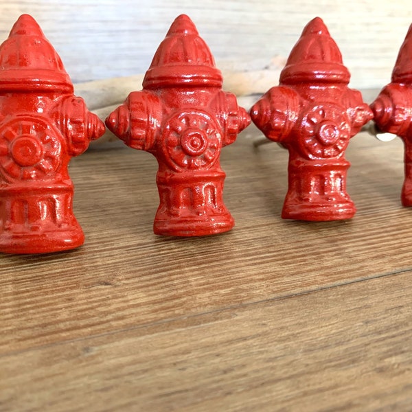 Set of 4 Fire Hydrant Knobs - Red Cast Iron Hydrant Fireman Drawer Pull - Industrial Drawer Pull - Decorative Knob - Cabinet Decor