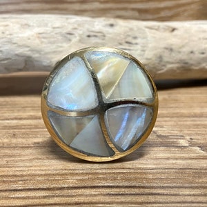 May include: A round, gold-toned button with a mother-of-pearl inlay. The inlay is divided into four sections, each with a different pattern and color variation. The button is likely for clothing or other craft projects.