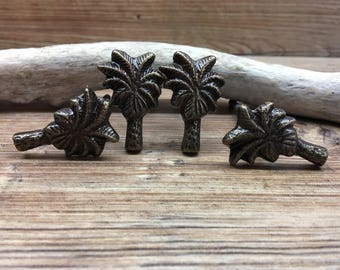 Set van 4 - palmknoppen - kleine gietijzeren metalen knop - decoratieve ladeknop - boombladeren - keukendecor kast - natuurlijk brons