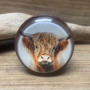 May include: A circular decorative item with a brown edge, displaying a detailed image of a Highland cow. The cow has long, ginger fur and curved horns. The background is a pale, neutral tone.