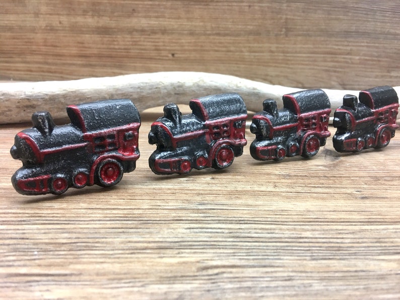Baby Boy Train Nursery SET OF 2 Train Knobs Steam Engine Red and Black Cast Metal Locomotive Drawer Pull