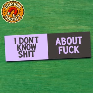 May include: A rectangular bumper magnet with the text "I DON'T KNOW SHIT" on a light purple background, and "ABOUT FUCK" on a dark gray background. A round magnet with a horseshoe magnet graphic is in the upper left corner.