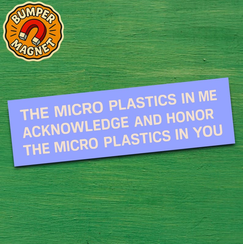 Funny retro bumper magnet for environmentalists with vintage design and micro plastics humor, weird car decal with ironic wellness vibes image 1