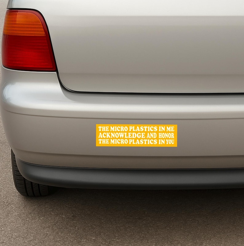 Funny retro bumper sticker for environmentalists with vintage design and micro plastics humor, weird car decal with ironic wellness vibes image 4