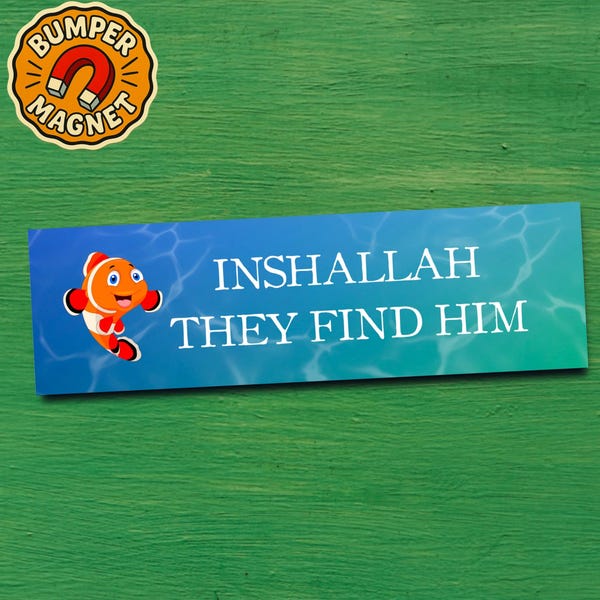 Funny Bumper Magnet for Ocean Lover with Cartoon Fish Parody Design Inshallah Arabic Gift Finding Nemo Fans & Silly Coastal Humor Seekers