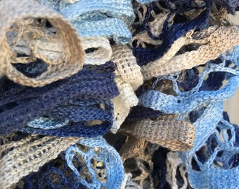 Crocheted scarf, ruffle scarf, variegated scarf, blue scarf
