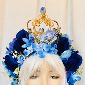 Royal blue headpiece crown headdress Mardi Gras flower crown festival gold Disney Disneyland Cinderella