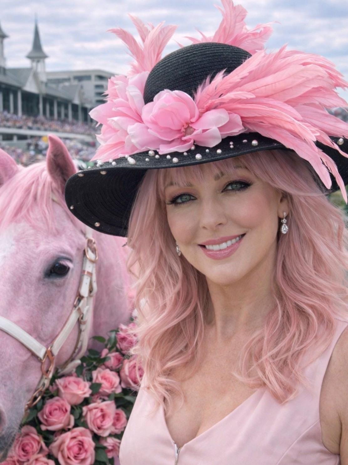Pink Feather Kentucky Derby Hat: Black Headband With Pearls  display picture 2