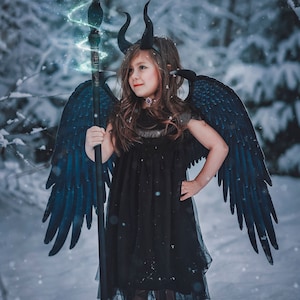 Child Maleficent Full costume includes Horns  Black Wings black crow staff scepter black dress  child&#39;s costume girls size 3t-12yo